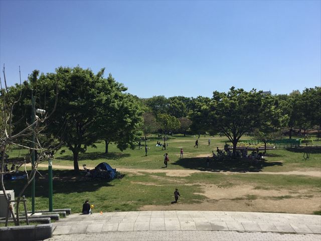 「八幡屋公園」芝生広場、大阪プール側から撮影