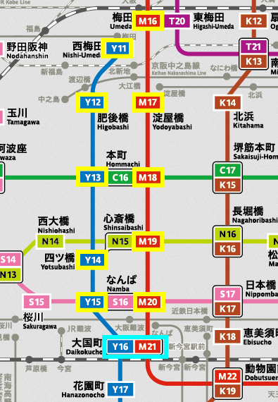 大阪メトロ（地下鉄）御堂筋線＆四つ橋線の地図