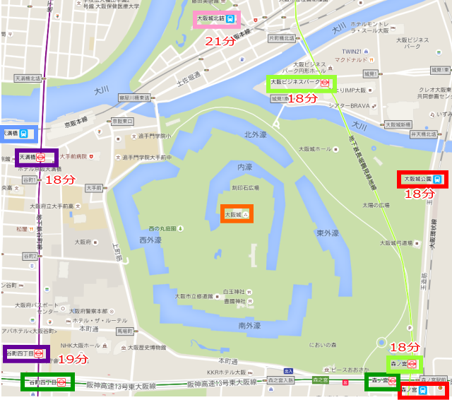 JR環状線・京阪・地下鉄から大阪城までの所要時間付き地図