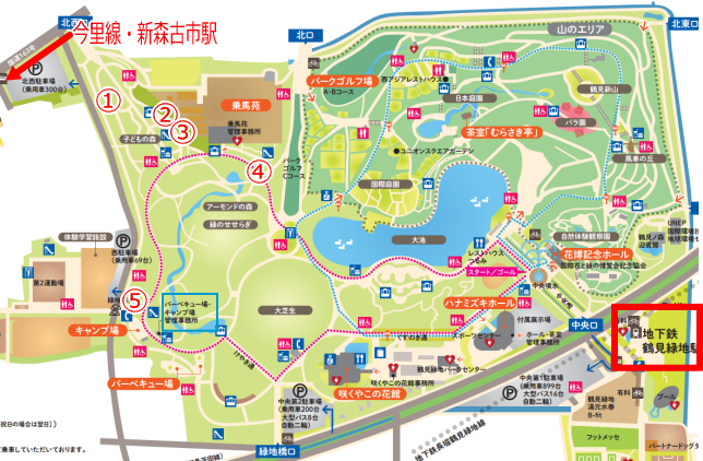 「花博記念公園鶴見緑地」遊具公園5箇所マップ