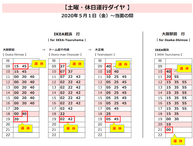 「IKEA梅田大正Expressバス」休日時刻表