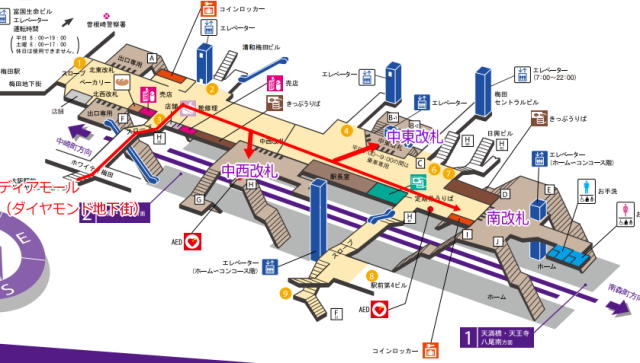 谷町線「東梅田駅」改札周辺地図