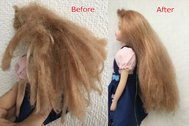 髪の毛が傷んだリカちゃんにクレイツのイオンヘアブラシ「N.C-022」で溶き続けた結果。ビフォアーアフター