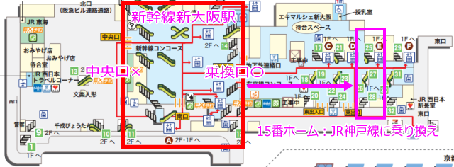 新大阪駅改札、在来線乗り換えマップ