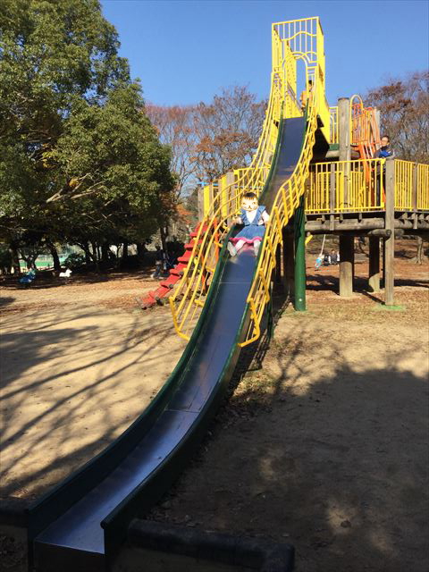 明石公園「子どもの村」木製遊具滑り台で遊ぶ娘