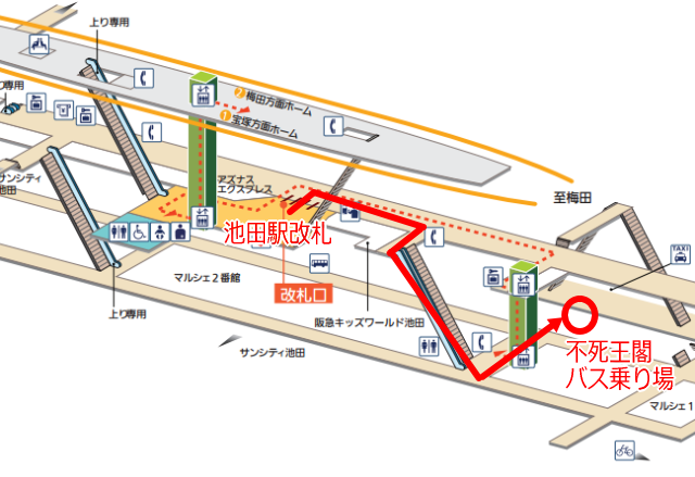 阪急電車「池田駅」不死王閣行きバスの停車地図