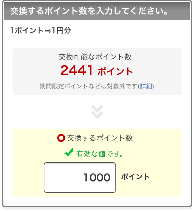 楽天ポイントをEdyに交換、交換するポイント数を入力