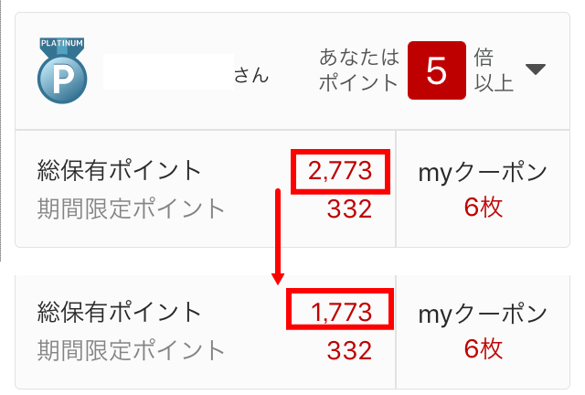 楽天ポイントをEdyに交換、総保有ポイントが減り、期間限定ポイントは減らない、マイページより