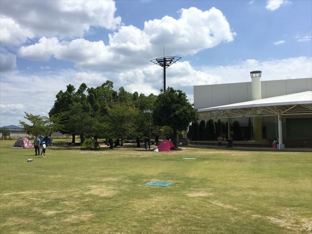 京都競馬場の公園「緑の広場」の広大な芝生、簡易テント