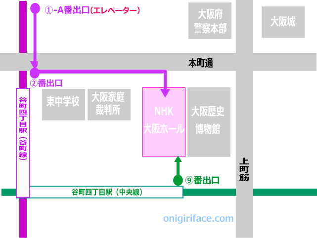 谷町四丁目駅からNHKホームまでの地図