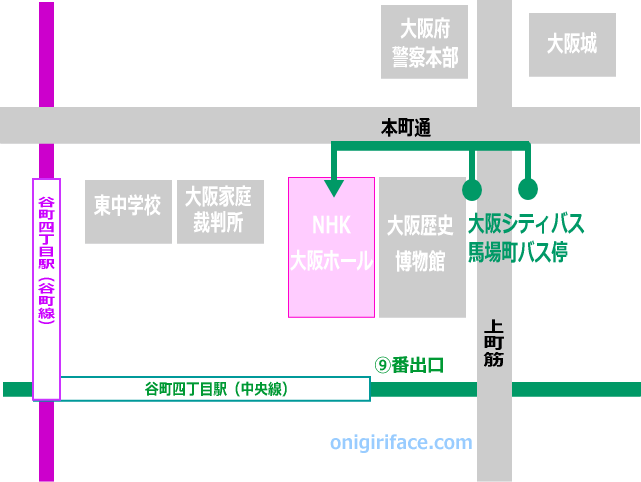 大阪シティバス「馬場町」バス停からNHK大阪ホールへの地図