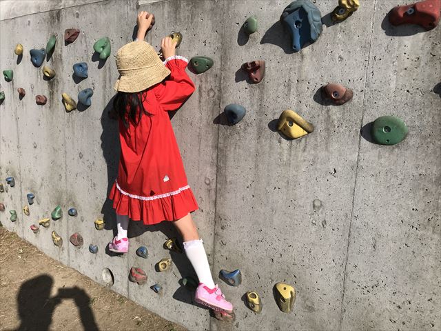 枚岡公園「みんなの広場」にあるクライミングウォールで遊ぶ娘