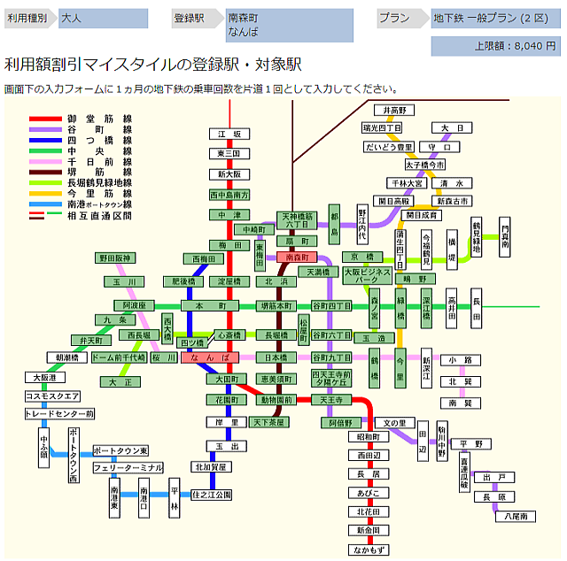 大阪メトロマイスタイルシミュレーション「南森町駅-なんば駅」