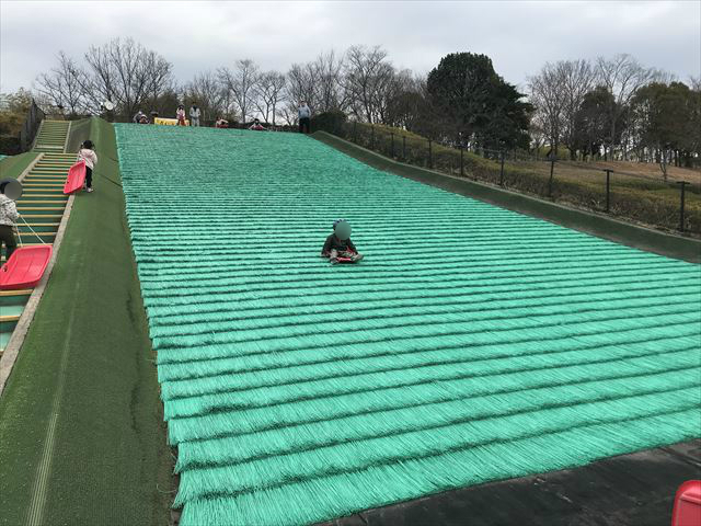 竹取公園の「ちびっ子ゲレンデ」でソリ遊びをする様子