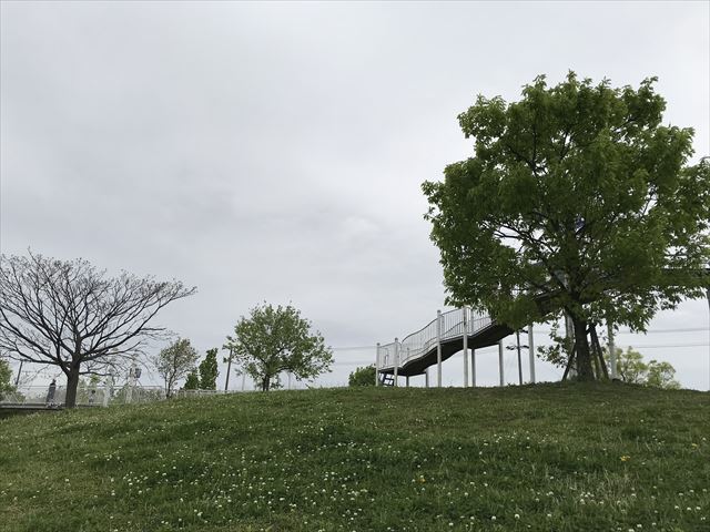 「水無瀬川緑地公園」芝生広場とローラー滑り台