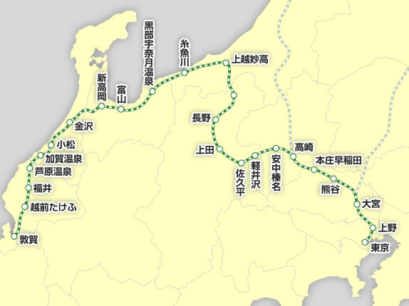 北陸新幹線「東京駅〜敦賀駅」地図（マップ）