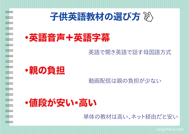 子供英語教材の選び方3つ（英語音声＋英語字幕：母国語方式、親の負担、値段が安い・高い）