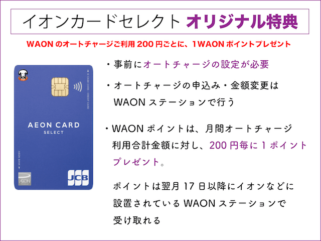 イオンカードセレクトオリジナル特典（WAONオートチャージ利用200円ごとに、1WAONポイントプレゼント）