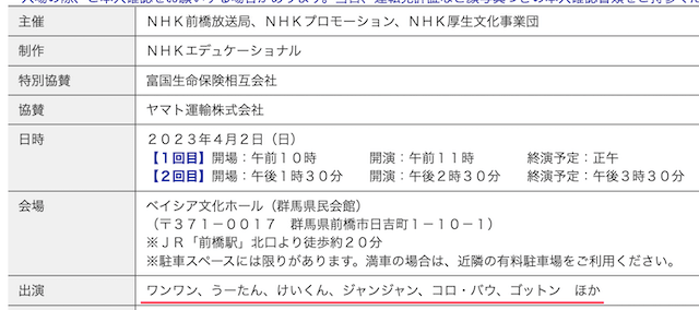 2023年度「ワンワンわんだーらんど」前橋公演のメンバー表