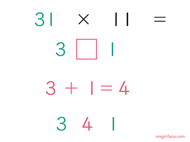 インド式計算：11がある掛け算の解き方（練習問題１）「31×11」