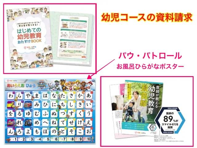 幼児コースの資料請求で「パウ・パトロールお風呂ひらがなポスター」「はじめての幼児教育おたすけBOOK」「医師が教える幼児教育最前線」プレゼントキャンペーン