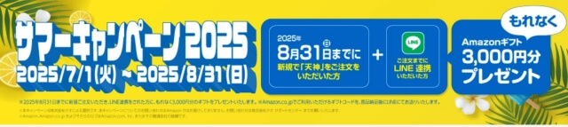 天神サマーキャンペーン2025：資料請求後のLINE登録＆無料体験後の新規注文でAmazonギフト券合計3,000円分プレゼント（2025年7月・8月）
