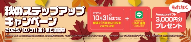 天神秋のステップアップキャンペーン2025：資料請求後のLINE登録＆無料体験後の新規注文でAmazonギフト券合計3,000円分プレゼント